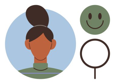 İletişim, kimlik, sosyal medya, konuşmalar, geri bildirim. Modern tarzda konuşan ve mutlu yüzlü bir kadın profili. Kimlik ve iletişim