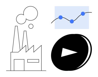 Ticari yenilik, veri analizi, endüstriyel süreçler, video akışı, büyüme stratejileri, teknoloji eğilimleri. Duman ve veri grafiği olan bir fabrika grafiği. Sanayi süreçleri ve verileri