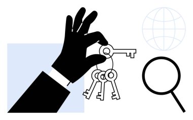 Kara El Anahtarları, Büyüteç ve küreyi sembolize ediyor Erişim, keşif, keşif, online güvenlik, çözümler, araştırma ve fırsatlar. Erişim fikirlerini açmak için ideal