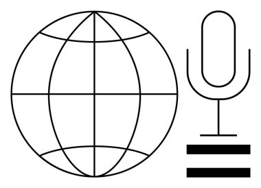 Kesişen enlem ve boylam çizgileri olan dünya bir mikrofon ve eşit sembolün yanında. Küresel ağ, podcasting, medya, eşitlik, iletişim, yayın, basitlik için ideal