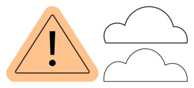 Güvenlik, dikkat, hava tahmini, bulut deposu, alarm sistemleri, veri koruması. Bulut şekillerinin yanında ünlem işareti olan sarı uyarı üçgeni. Güvenlik ve alarm sistemleri