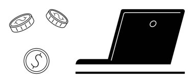 E-ticaret, online bankacılık, dijital işlemler, ödeme sistemleri, finans, zenginlik yönetimi. Laptop ve madeni paralar basit tasarımda. E-ticaret ve çevrimiçi bankacılık kavramları