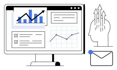 Veri analiz konsepti. Bilgisayar ekranındaki grafikler, çizelgeler ve diyagramlar üzerinden. İş büyümesi, karar verme ve trend analizleri için veri analizleri. İş ve finans için mükemmel.