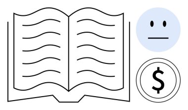 Eğitim, finans, duygu, öğrenme materyalleri, bütçe, kişisel gelişim. Açık bir kitap, bir dolar sembolü ve beyaz arka planda tarafsız bir yüz. Eğitim ve finans anahtarı