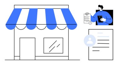 E-ticaret, dijital kimlik, küçük işletme yönetimi, çevrimiçi güvenlik, müşteri kayıtları, perakende. Depo önü, kullanıcı simgesi içeren belge ve aygıt belgesi. E-ticaret ve dijital
