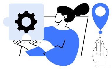 Sorun çözme konsepti. Kadın bulmaca parçasını takım çalışması ve çözümlerle birlikte tutuyor. Fikirler, yenilikler, takım çalışması, iş stratejisi, eğitim yoluyla örneklendirilmiş problem çözme