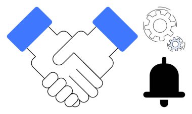 İşbirliği, ortaklık, takım çalışması, uyarı, iş akışı, yenilik. El sıkışma sembolü, dişliler ve uyarı zili birlikte düzenlenmiş. İşbirliği ve iş akışı optimizasyon kavramı