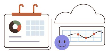 İş analizleri, bulut depolama, planlama araçları, veri eğilimleri, verimlilik uygulamaları, görev yönetimi. Grafikli takvim, bulut ve gülümseyen bir ikon. İş analizleri ve bulut depolama kavramı