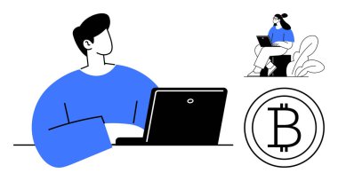 Kripto para birimi konsepti. Bilgisayarların kripto para birimlerini kullanan insanların iş ve ödemelerinde rol aldığı Bitcoin logosu. Kripto para birimi dijital finans ve modern çalışma ortamlarını birbirine bağlar. Finans ve teknoloji için.