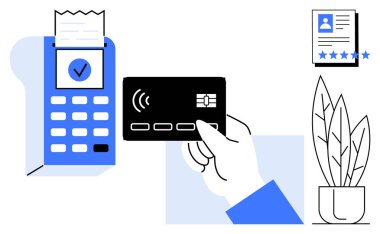 Terminaldeki ödeme için kredi kartı, makbuz baskısı, kimlik doğrulama ve saksı bitkisi. Finans, güvenlik, e-ticaret, perakende, kimlik doğrulama Fintech nakitsiz için ideal