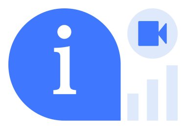 Dijital pazarlama, veri analizi, çevrimiçi öğrenme, medya analitiği, multimedya çözümleri, iş eğilimleri. Bir bilgi simgesi, video simgesi ve grafik çubuğu simgesi simgesi. Dijital pazarlama ve veri