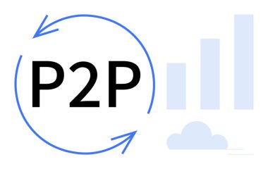 Eşler arası ağ konsepti. Veri paylaşımı ve bulut bağlantısı için dairesel okla P2P. Ağ oluşturma, finans, teknoloji, işbirliği, bulut çözümleri
