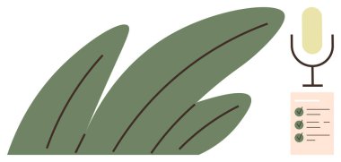 Podcast, ses kaydı, sürdürülebilir içerik, eko hikaye anlatımı, yaratıcı üretim, ses sunumu. Mikrofon ve kontrol listesiyle yeşil yapraklar. Podcasting ve ses kaydı kavramı