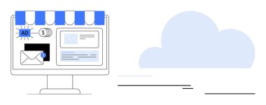 Bilgisayarlı monitör vitrin tentelerinin altında reklam, mesaj ve online pazarlama bildirimleri. Bulut simgesi bütünleşmeyi sembolize eder. E-ticaret, pazarlama, teknoloji ve reklam için ideal
