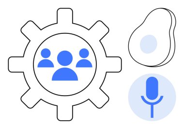 Sosyal işbirliği, iletişim, takım çalışması, teknoloji, medya, veri analizi. Grup simgesi, mikrofon sembolü ve avokadosu olan bir vites. İşbirliği ve iletişim fikirleri görsel olarak iletildi