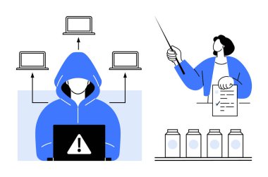 Bilgisayardaki kapüşonlu bilgisayar korsanı cihazlara tehditler saçıyor, öğretmenler işaret ve belgelerle öğretiyor, şişeler sergileniyor. Siber güvenlik, eğitim, bilişim riskleri, eğitim ve farkındalık için ideal