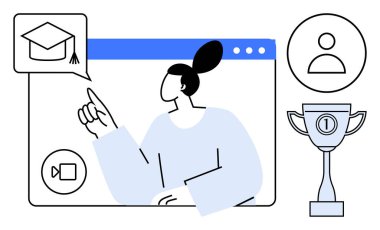 Online eğitim. Dijital öğrenme platformları, mezuniyet şapkası ikonu ve ödül sembolü başarısı ile etkileşime giren bir kadın. Çevrimiçi büyüme, uzaktan öğrenme ve beceri geliştirme eğitimi. Harika.