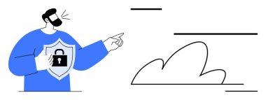 Bulut güvenliği, veri koruması, çevrimiçi gizlilik, dijital güvenlik, bilişim çözümleri, siber tehditler. Kalkanı ve kilit sembolü olan bir iş adamı bulutu işaret ediyor. Bulut güvenliği ve veri koruma kavramı