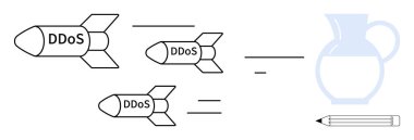 Siber güvenlik, veri koruması, çevrimiçi güvenlik, tehdit analizi, risk azaltma, bilişim güvenliği. DDoS etiketli üç füze bir sürahi ve kaleme doğru ilerliyor. Siber güvenlik ve veri koruma kavramı