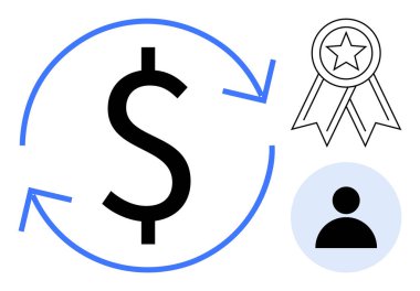 Finans, ekonomi, kullanıcı katılımı, para, ödül, yatırım. Dairesel oklu dolar işareti, yıldız rozeti ve kullanıcı simgesi. Maliye ve ekonomi kavramı