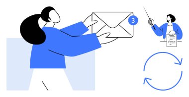 Elinde bildiri rozeti olan bir kadın, başka bir belge ve bisiklet okları. İletişim, e-posta, takım çalışması, paylaşım, güncellemeler, iş akışı basit düz metafor