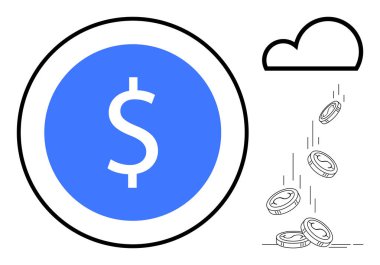 Finansal büyüme, dijital ekonomi, fintech, online tasarruflar, bulut platformları ve yatırımlar. Çemberin içinde mavi dolar sembolü ve para yağmuru. Finansal büyüme ve dijital ekonomi