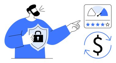 Veri güvenliği kavramı. Kilit sembollü kalkan veri korumasını vurguluyor. Finans ve kullanıcı güvenliğinde yüksek dereceli ve dolar işaretli güvenlik. Fintech, siber güvenlik, kullanıcı reytingleri için mükemmel