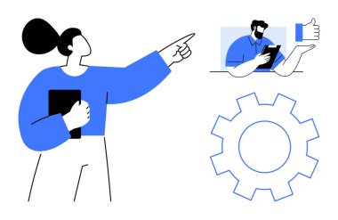 İş ekibi çalışması, profesyonel iletişim, işyeri dinamiği, yenilik, işbirliği, sistem düşüncesi. Kadın işaret ediyor, vites sembolü ve tablet kullanan bir adam. Takım çalışması ve iletişim konsepti