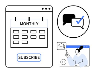 Aylık takvim abonelik formu, işaretli konuşma baloncukları, e-öğrenme penceresini gösteren eğitimci. Üyelik, eğitim, iletişim, e-öğrenme, programlama, webinarlar için ideal