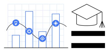 Mevsimsel sembollü bar tablosu, çizgi grafik kaplaması, mezuniyet şapkası ve eşitlik çubukları. Eğitim, büyüme, veri analizi, kariyer eşitliği araştırmaları ve mevsimsel eğilimler için ideal. Basit düz