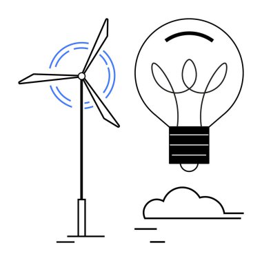 Yenilenebilir enerji, sürdürülebilirlik, yenilik, temiz enerji çözümleri, çevre dostu teknolojiler, yeşil enerji üretimi. Minimalist rüzgar türbini ve ampul tasarımı. Yenilenebilir enerji