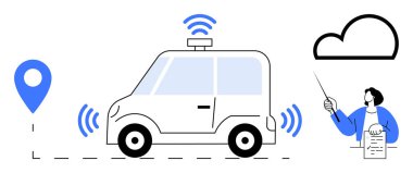 Sensörleri ve kablosuz sinyalleri olan otonom bir araç, navigasyon işareti, bulut simgesi, belgesi olan bir kişi. Yenilik, teknoloji, yapay zeka, otomasyon, ulaşım için ideal.