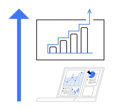İş stratejisi, veri analizi, trendler, büyüme takibi, satış performansı, piyasa araştırması. Çizelge, yukarı doğru ok ve analitik gösterge paneli. Büyüme izleme ve veri analizi