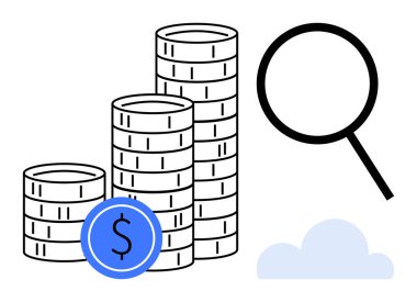 Birikmiş madeni paralar, büyüteç ve bulut finansal büyüme, yatırım ve analizi simgeler. İş, finans, zenginlik yönetimi, teknoloji bulut depolama veri analizi için ideal başarı