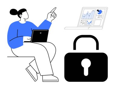 Siber güvenlik, veri koruması, analitik izleme, çevrimiçi mahremiyet, iş istihbaratı, güvenli bilgi paylaşımı. Dizüstü bilgisayarda çizelgeler ve kilit sembolüyle çalışan biri. Siber güvenlik ve veri