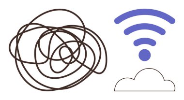 Zihinsel berraklık, dijital iletişim, problem çözme, internet hizmetleri, bulut teknolojisi, dönüşüm. Kablosuz bir sembol ve bulutun yanına dolanmış bir halat. Zihinsel berraklık ve dijital iletişim