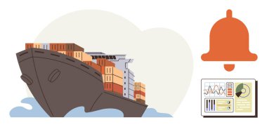 Küresel ticaret, lojistik optimizasyonu, nakliye endüstrisi, nakliye yönetimi, ithalat-ihracat, veri odaklı kararlar. Bir kargo gemisi, uyarı zili ve analiz çizelgesi. Küresel ticaret ve lojistik