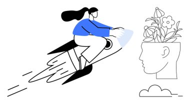 Roketin üstünde uçan kadın hırsı ve yeniliği simgeliyor. İnsan kafasından büyüyen çiçekler yaratıcılığı ve büyümeyi simgeliyor. İlerleme için ideal, hayal gücü, beyin fırtınası, hedefler, motivasyon