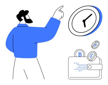 Finansal planlama, kripto para yatırımı, engelleme zinciri, dijital ödemeler, zaman yönetimi, fintech. Saate ve kripto para kesesine bakan adam. Mali planlama ve kripto para birimi