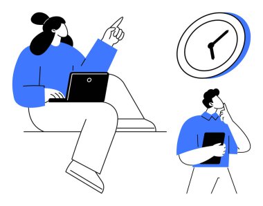 Zaman yönetimi, takım çalışması, uzaktan çalışma, teslim tarihleri, karar verme, iş planlaması. Dizüstü bilgisayarı olan oturan bir kadın ve büyük bir saatin yanında tableti olan düşünceli bir adam. Zaman yönetimi