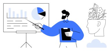 Gemide veri grafiklerini işaretleyici ve panoyla sunan bir adam. Başının yan profilinde çiçek açan bitkiler var. Yaratıcılık, liderlik, büyüme, analitik, yenilik, eğitim, bilgi için ideal