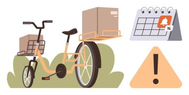 Lojistik, dağıtım hizmetleri, teslimat tarihleri, zaman yönetimi, hatırlatıcılar, bildirimler. Paketli bir kargo bisikleti, uyarılı bir takvim ve uyarı işareti. Lojistik ve dağıtım hizmetleri