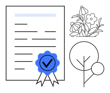 Sertifika, özgünlük, doğa koruma, onay, çevre dostu, yasal geçerlilik. Üzerinde mavi mühür, çiçekler ve minimalist ağaç olan bir belge. Sertifika ve gerçeklik