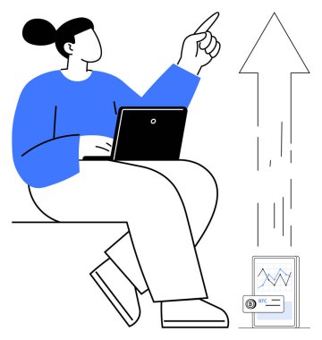 Kripto para ticareti, finansman analizi, finansal büyüme, dijital yatırım, engelleme zinciri teknolojisi, piyasa eğilimleri. Dizüstü bilgisayarı, yükselen oku ve finansal tablosu olan bir kadın. Kripto para ticareti