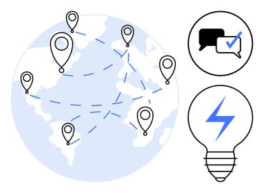 Kesik çizgilerle birbirine bağlı çoklu konum pimleri olan dünya haritası. İşaretli sohbet baloncuğunun simgeleri ve yıldırımlı ampuller. Ağ kurmak, yenilik, iletişim, teknoloji için ideal