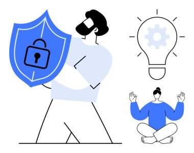 Siber güvenlik, yenilik, farkındalık, veri koruması, zihinsel denge, yaratıcı fikirler. Kişinin kalkanı kilitlidir. Ampulün içindeki teçhizat meditasyondadır. Siber güvenlik ve yenilik kavramları