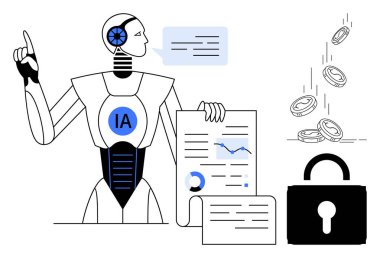Yapay zeka, veri analizi, finans güvenliği, makine öğrenimi, otomasyon, dijital ekonomi. Robot çizelgeleri ve raporları sunuyor, bozuk paralar kilidin yanına düşüyor. Veri analizi ve finans