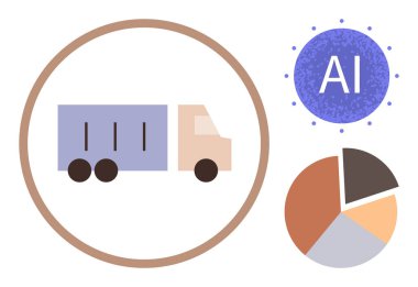 Lojistik otomasyon, yapay zeka, veri analizi, tedarik zinciri, ulaşım, teknoloji. Kamyon daire şeklinde, yapay zeka sembolü pasta grafiği. Lojistik otomasyon ve yapay zeka kavramları