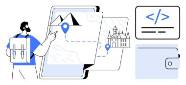 Seyahat planlama, turizm, kodlama, finansal teknoloji, navigasyon, dijital uygulamalar. Dijital haritalarda konum şifreleri, ödeme cüzdanı ve kod elemanları olan yerleri araştıran bir adam. Seyahat planı