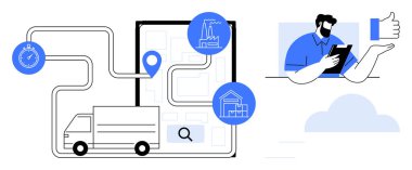 Tedarik zinciri yönetimi, lojistik, ulaşım, teslimat takibi, rota optimizasyonu, müşteri hizmetleri. Dijital harita, kamyon ikonları ve bağlantılı bir profesyonel. Lojistik ve teslimat izleme